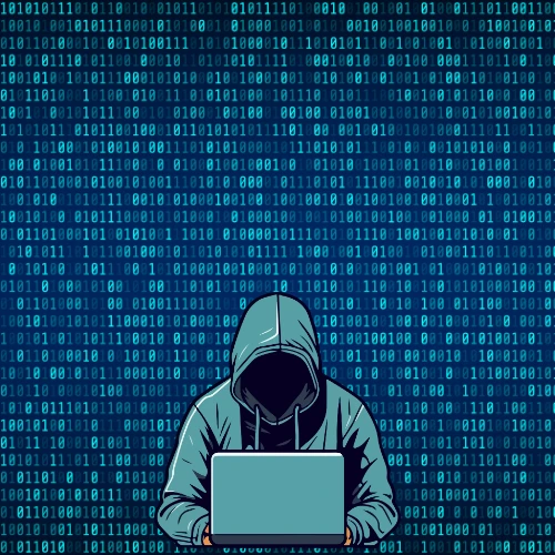 A man in a hoodie sitting in front of a laptop with binary code in the background. Cyber Security & Ethical Hacking Course in Kochi with Placement.