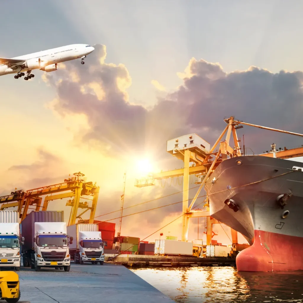 Airplane, cargo ship, and shipping containers representing international logistics and supply chain management