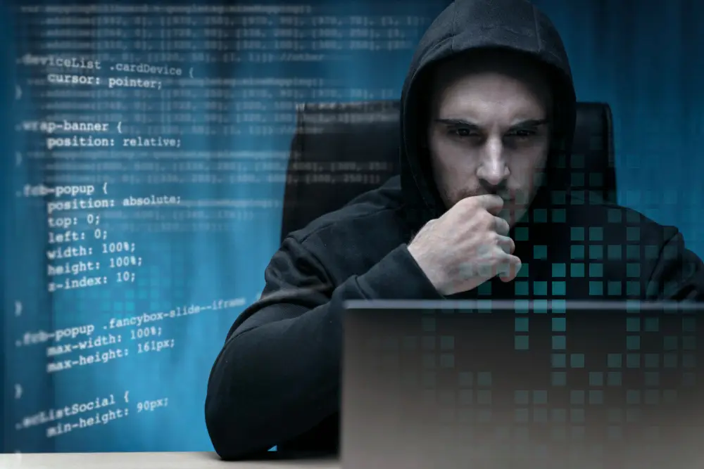 A man wearing a hoodie sits at a desk with a laptop, representing the practice of ethical hacking and cybersecurity.