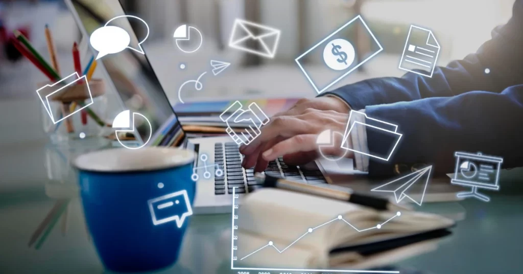 Businessman working on a laptop, surrounded by social media icons, highlighting career opportunities in digital marketing.